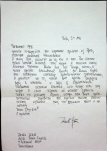 The letter written by Zdenek Pekar.